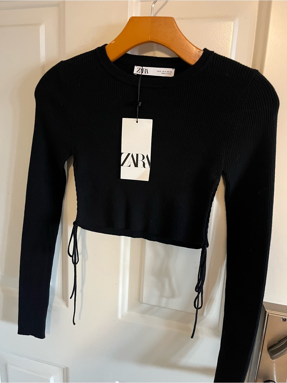 ZARA Black Ribbed Side-Tie Crop Top